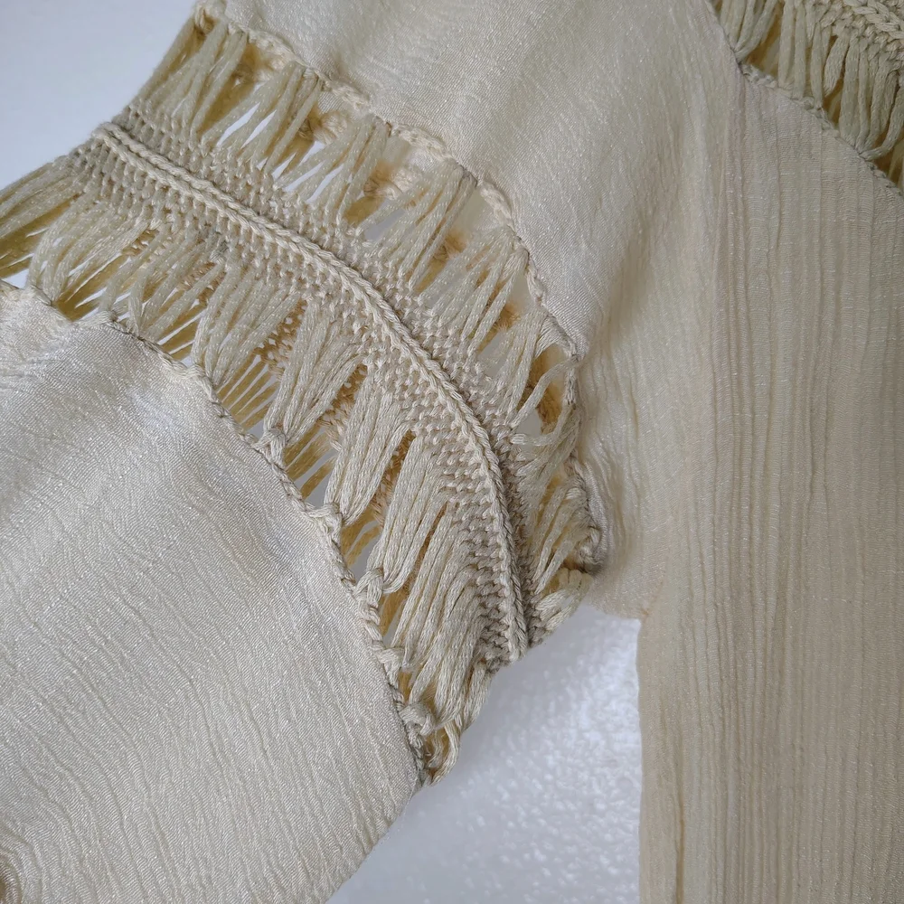 Boho Beige Crochet Mesh Midi Dress Cover Up S/M Solid Neutral Festival Beach - Picture 7 of 15
